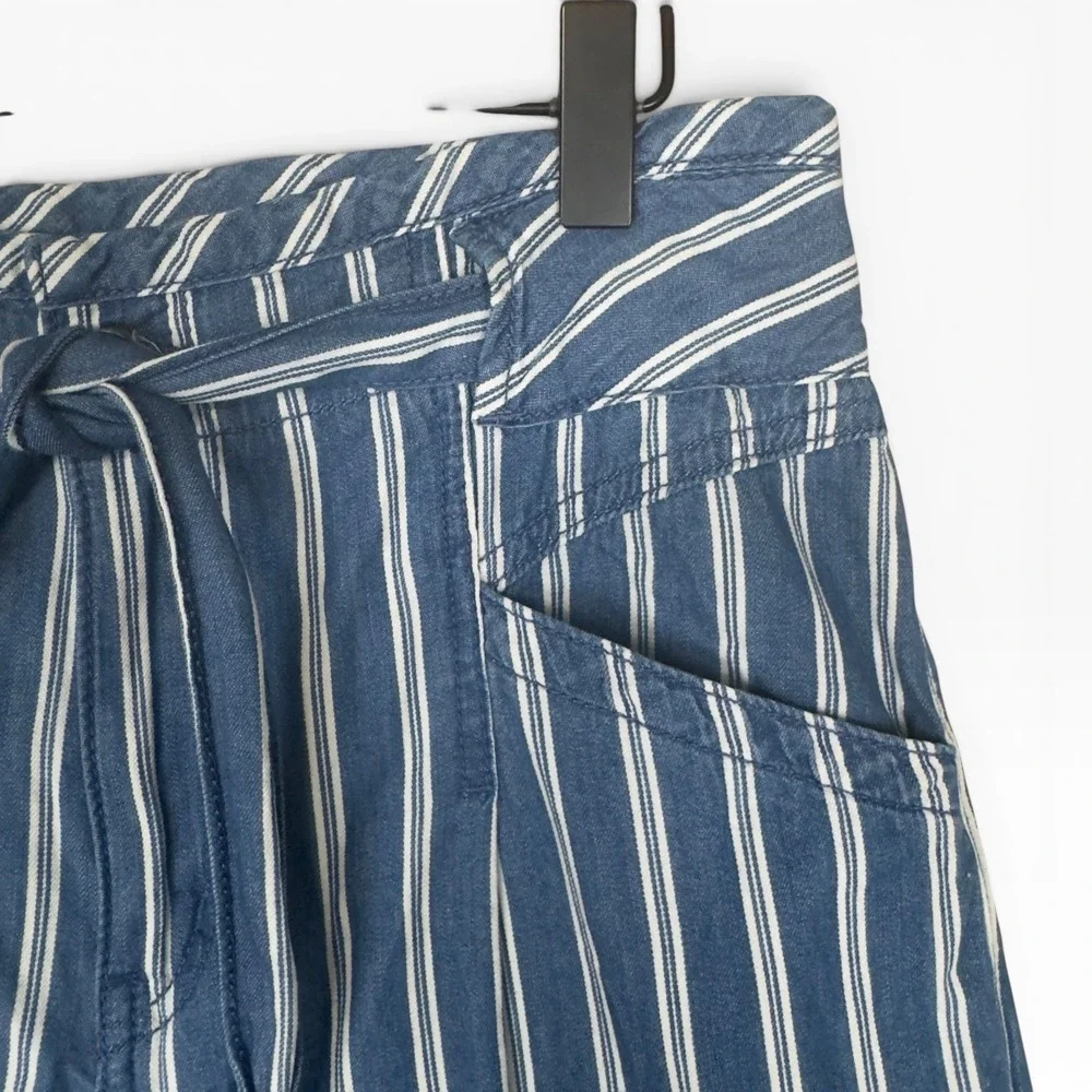 American Eagle Wide Leg Pants 6 Blue White Striped Cotton Tie Waist High Rise - Picture 9 of 10